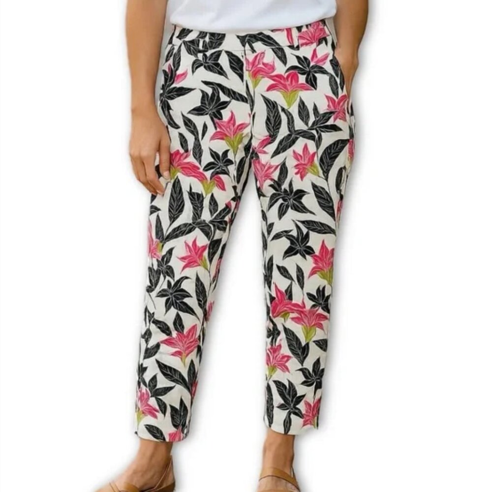 Lands End Crop Chino Pants Floral Lily Print Stretch Black White Size 10P - Picture 12 of 12